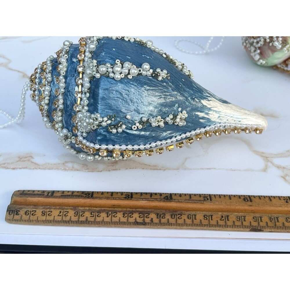 Large Jeweled Seashell Christmas Ornaments Pearl Beaded Rhinestone Coastal Pair - Picture 12 of 16
